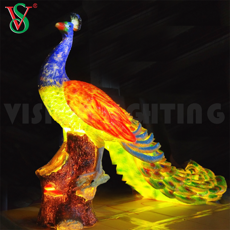 Decoração de parque zoológico ao ar livre em fibra de vidro FRP LED escultura de pavão luz com motivo animal