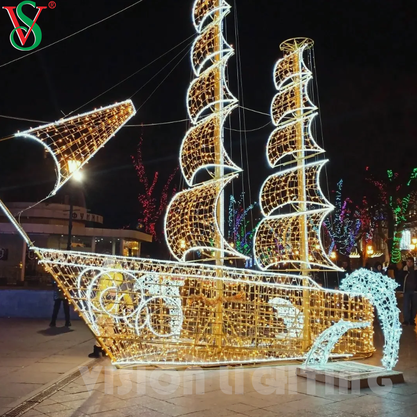 Escultura de navio e veículo LED personalizada para atrair decoração de luz ao ar livre para parques e cidades e festivais temáticos