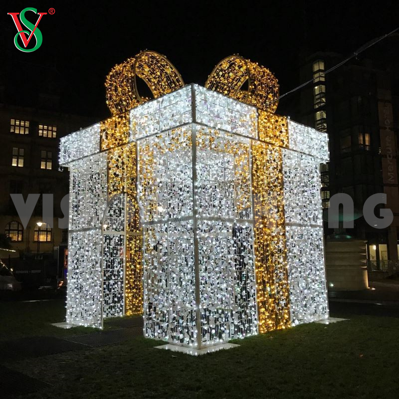 Decoração de natal ao ar livre 3D gigante iluminada caixa de presente com motivos de luzes para praça