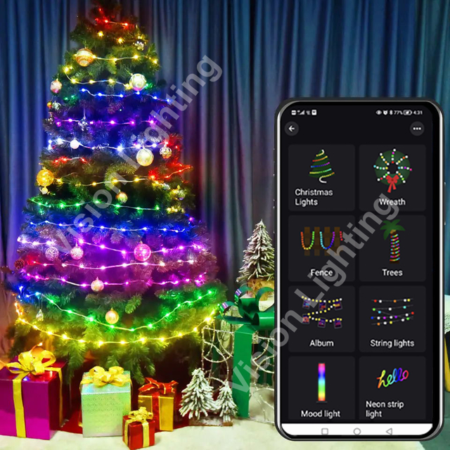 Painel remoto e controle de aplicativo plugue USB decoração de árvore de Natal LED tira inteligente RGB luzes de corda