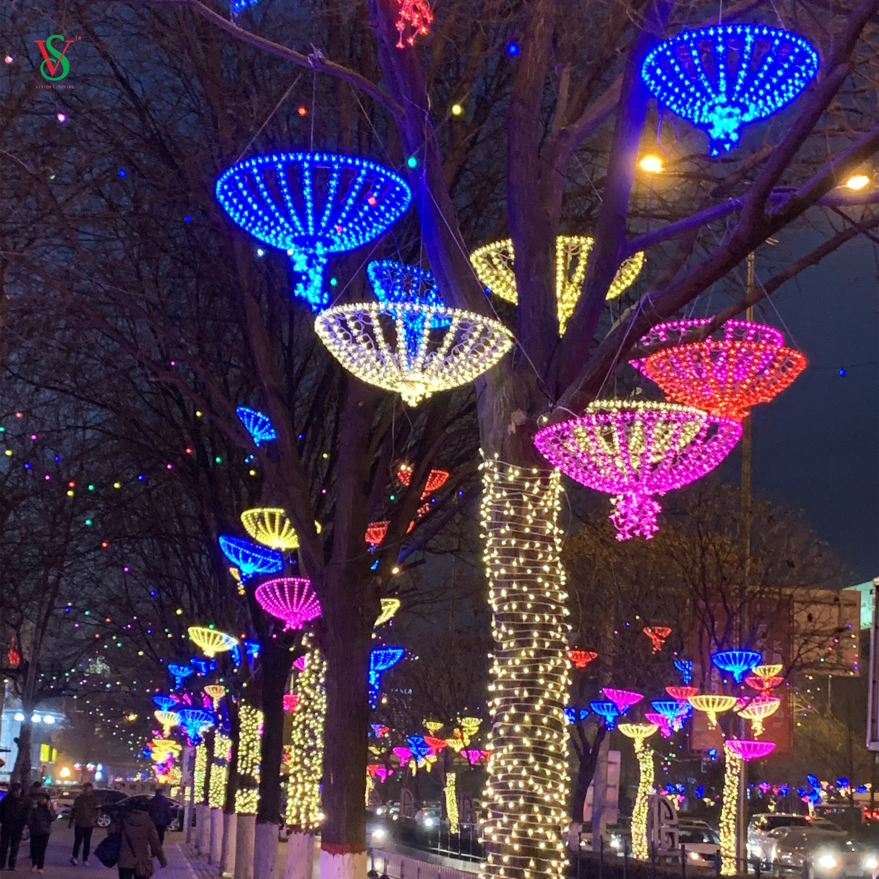 Luz animada para decoração de rua de Natal LED Sakura Umbrella Motif Light 