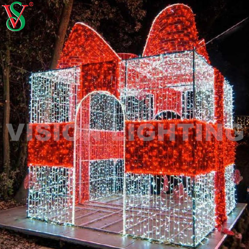 Decoração de natal ao ar livre 3D gigante iluminada caixa de presente com motivos de luzes para praça