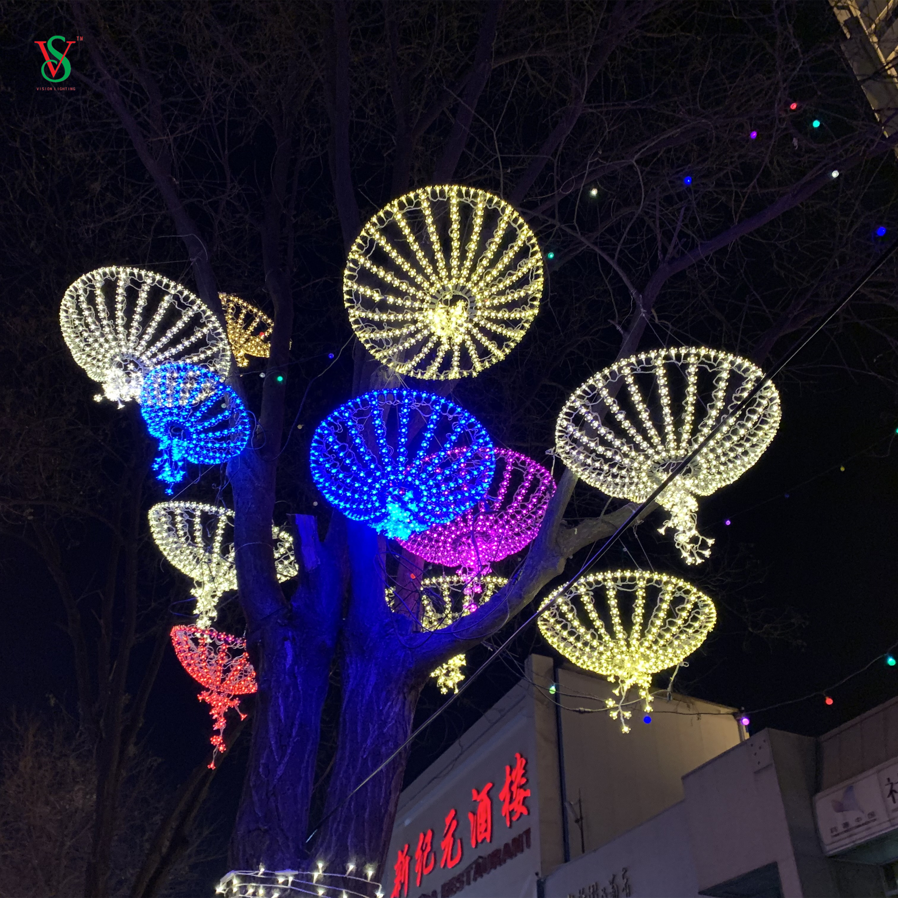 Luz animada para decoração de rua de Natal LED Sakura Umbrella Motif Light 