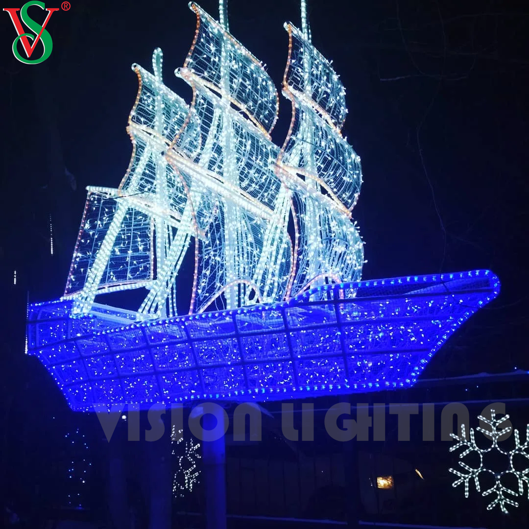 Decoração de escultura de veículo LED 3D luzes com motivo de barco para decoração de férias ao ar livre