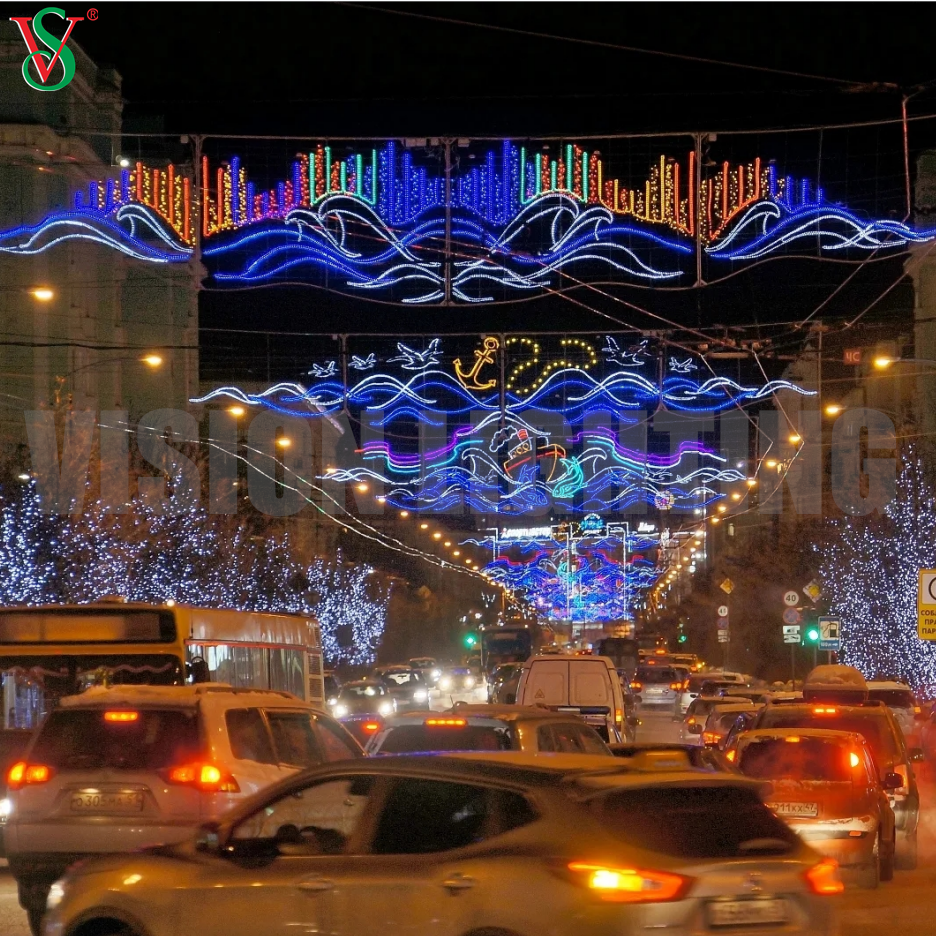 Decoração de Natal de design criativo com moldura de poste 2D em toda a rua com motivo de luz para área externa