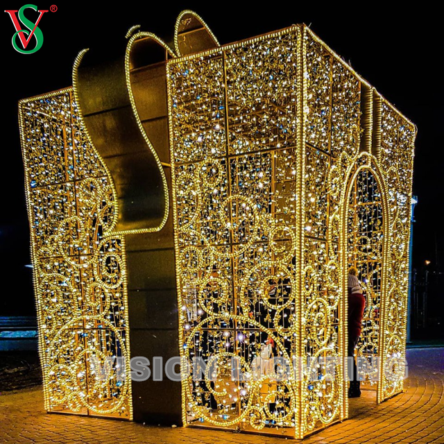 Decoração de natal ao ar livre 3D gigante iluminada caixa de presente com motivos de luzes para praça