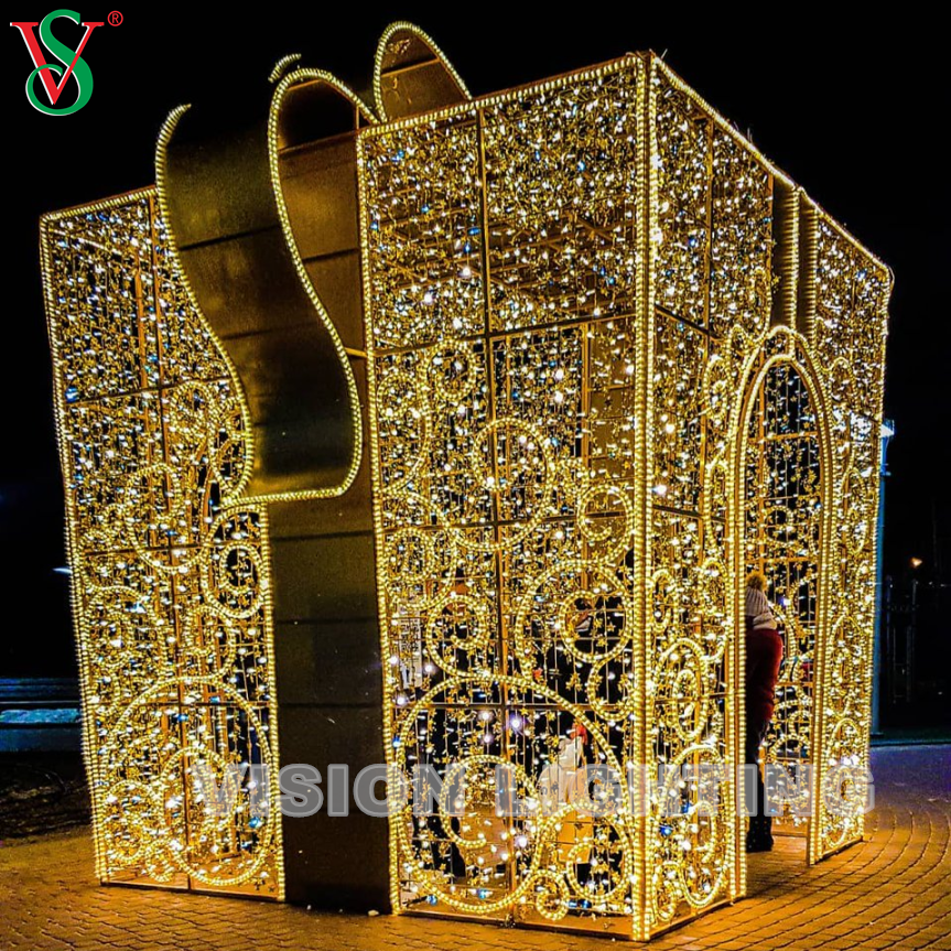 Decoração de natal ao ar livre 3D gigante iluminada caixa de presente com motivos de luzes para praça